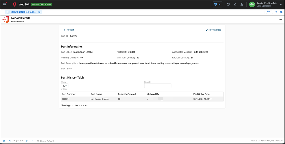 Maintenance Management - Parts